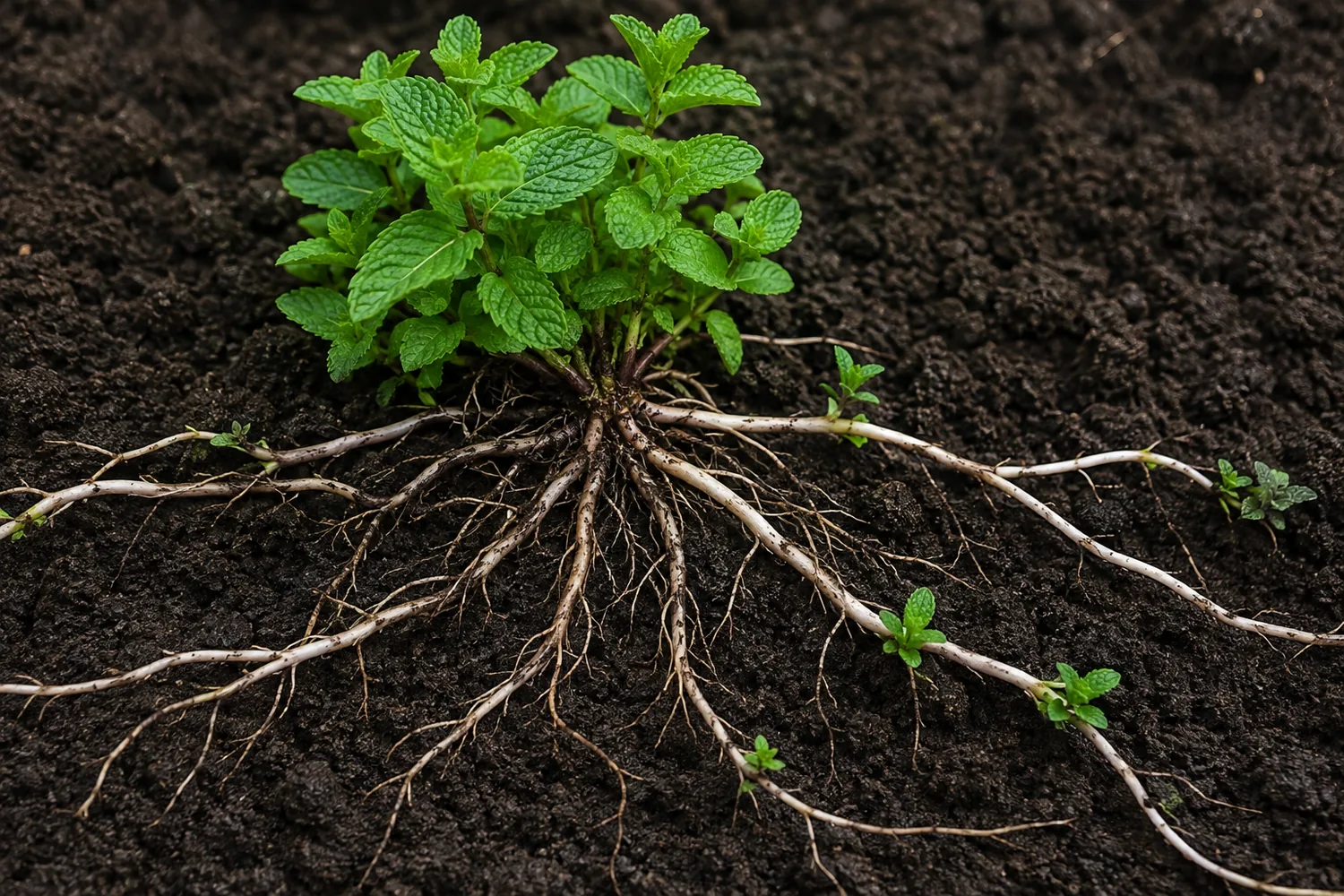 A mint plant laid on dark soil with its pale white runners spread out sideways well beyond the leafy crown, small new shoots rising from points along them