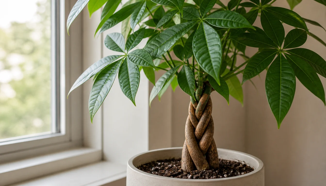 Money Tree growing indoors with visible leaves and potting mix.