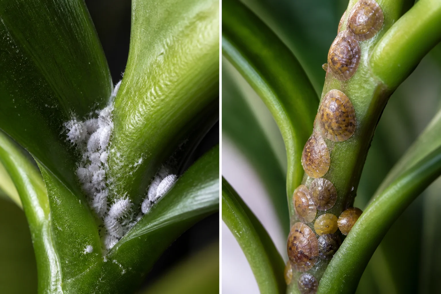 Side-by-side comparison of white cottony mealybug clumps in a leaf axil and tan brown dome-shaped scale insects along a stem