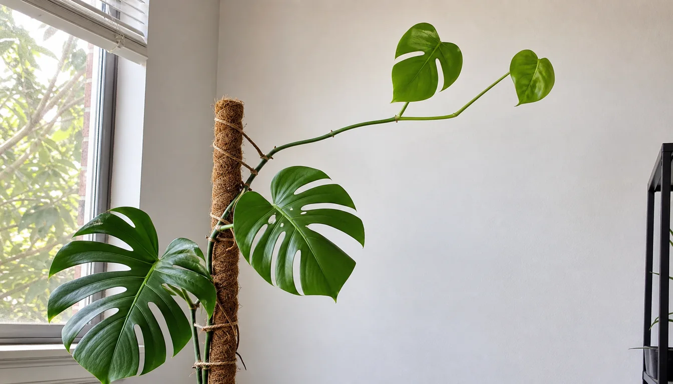 Monstera Deliciosa vine with older split leaves followed by stretched stem and smaller new leaves