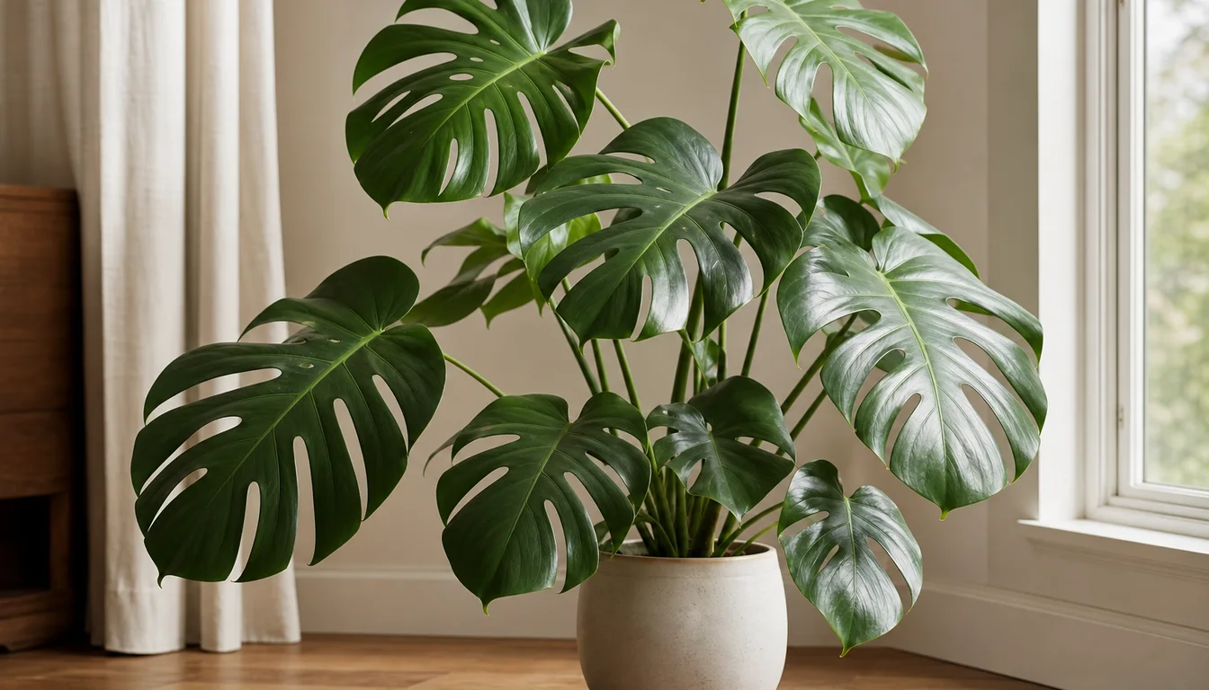 Monstera Deliciosa with large split leaves growing beside an indoor support