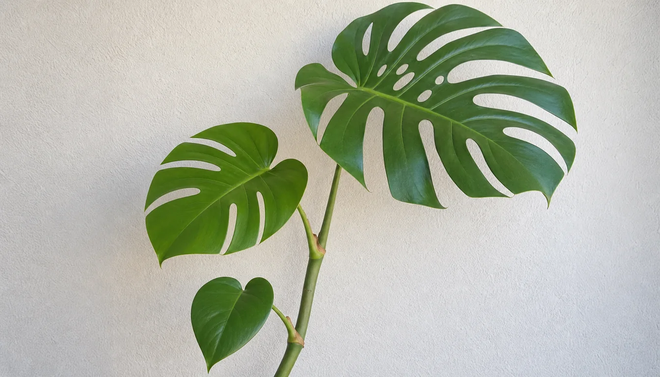 Three successive leaves on one Monstera Deliciosa stem progressing from whole to deeply split and internally fenestrated