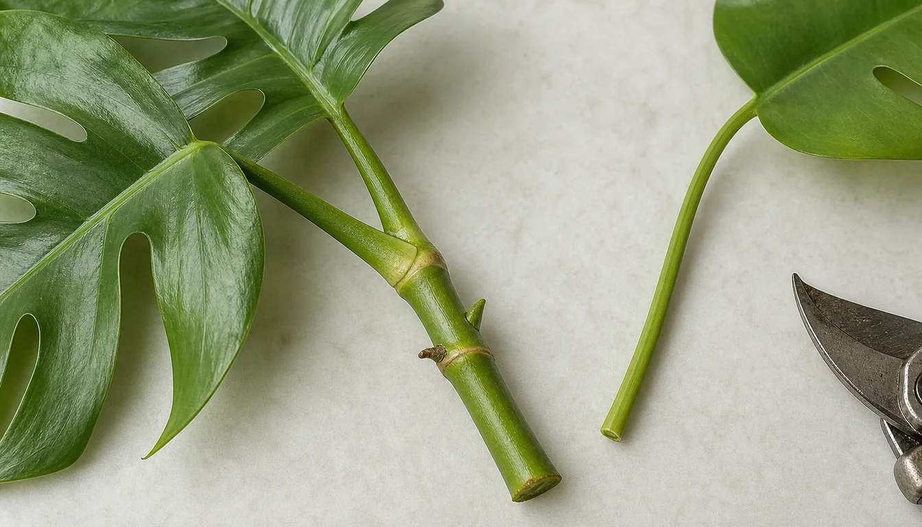 Monstera Deliciosa stem cutting with a visible node, axillary bud, aerial root nub, and clean cut below the node