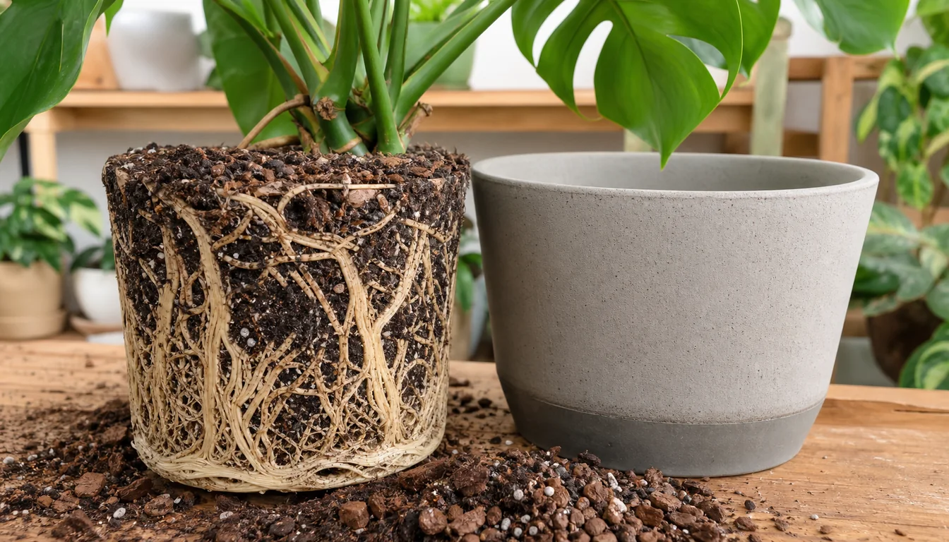 Firm pale Monstera Deliciosa roots around an intact root ball beside a replacement pot only slightly wider