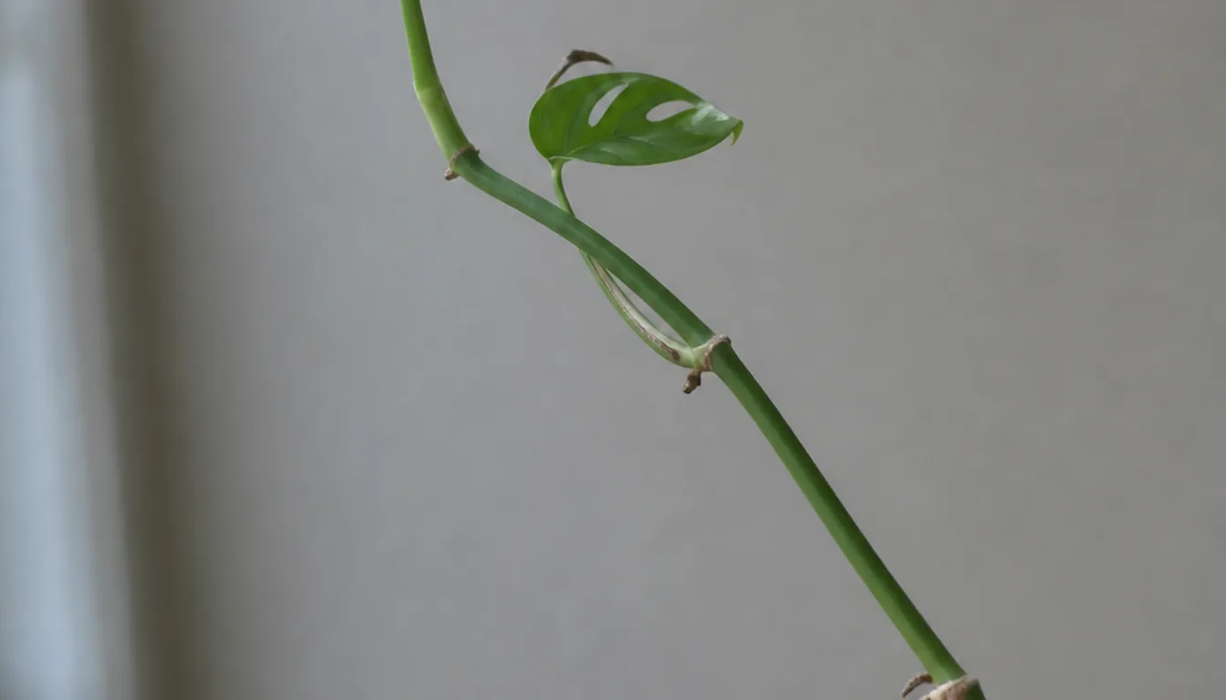A monstera stem stretched toward a window with long bare gaps between nodes and small leaves carrying few holes