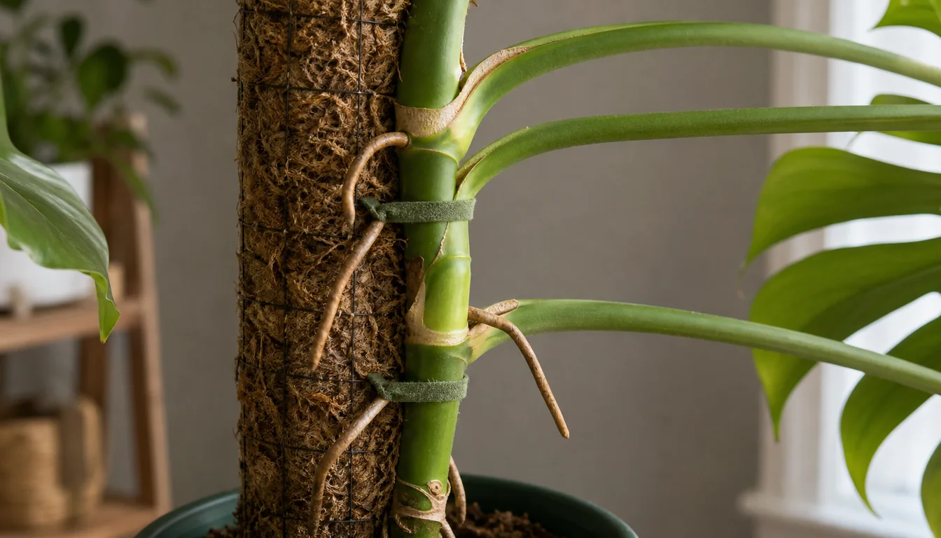 Back of a Monstera Deliciosa stem tied loosely to a moss pole with aerial roots facing the support and petioles free