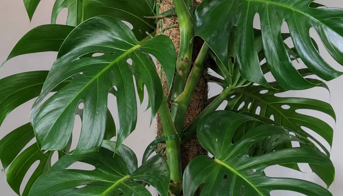 A monstera tied to a moss pole with short gaps between nodes and large deeply split leaves stacked close together