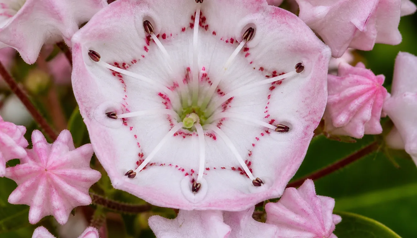 A mountain laurel flower cluster in close view, each bloom a shallow five-sided cup with ten dark stamens bent back into small pockets around the rim and fine crimson dots ringing the throat