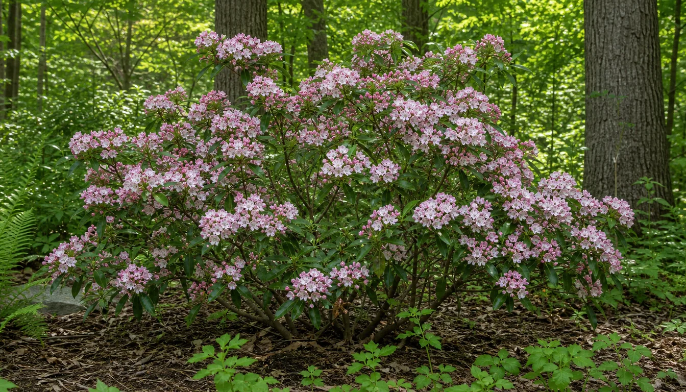 Mountain laurel shrub with glossy evergreen leaves and pink-white cup flowers in a woodland edge bed
