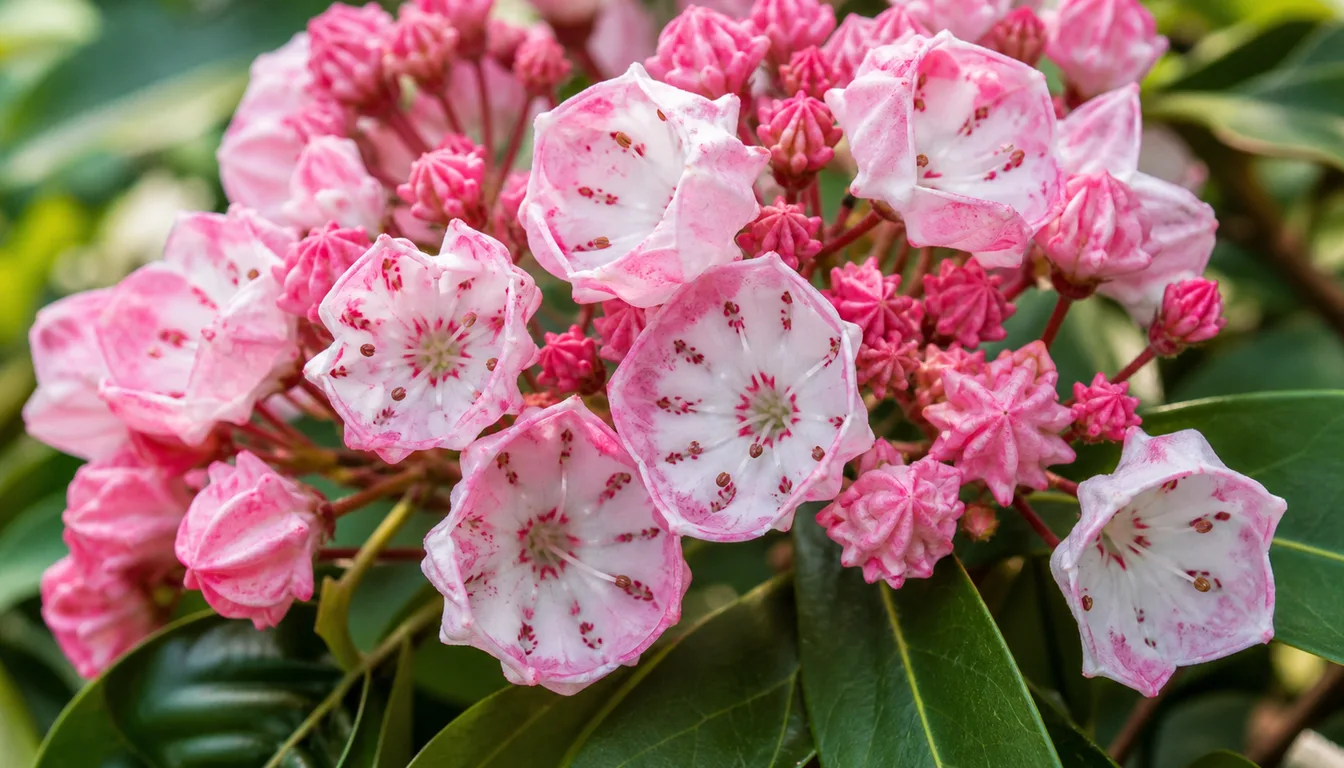 Close view of mountain laurel flower clusters showing the pleated cup-shaped bud structure