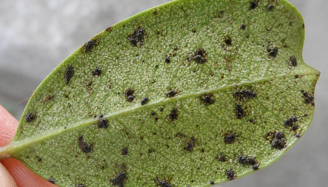 Underside of a mountain laurel leaf showing pale speckling and dark varnish-like lace bug damage