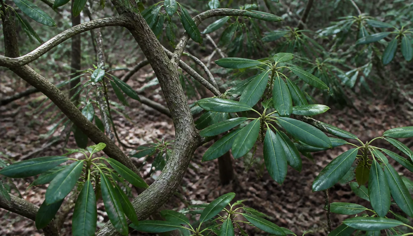 Leathery dark green elliptical mountain laurel leaves in loose whorls along woody canes that twist and lean irregularly through a woodland understorey