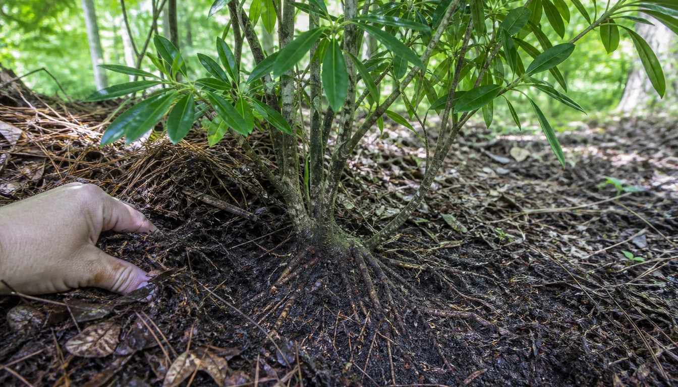 Mulch pulled back from a mountain laurel in a woodland bed to reveal the shallow root flare and fine surface roots