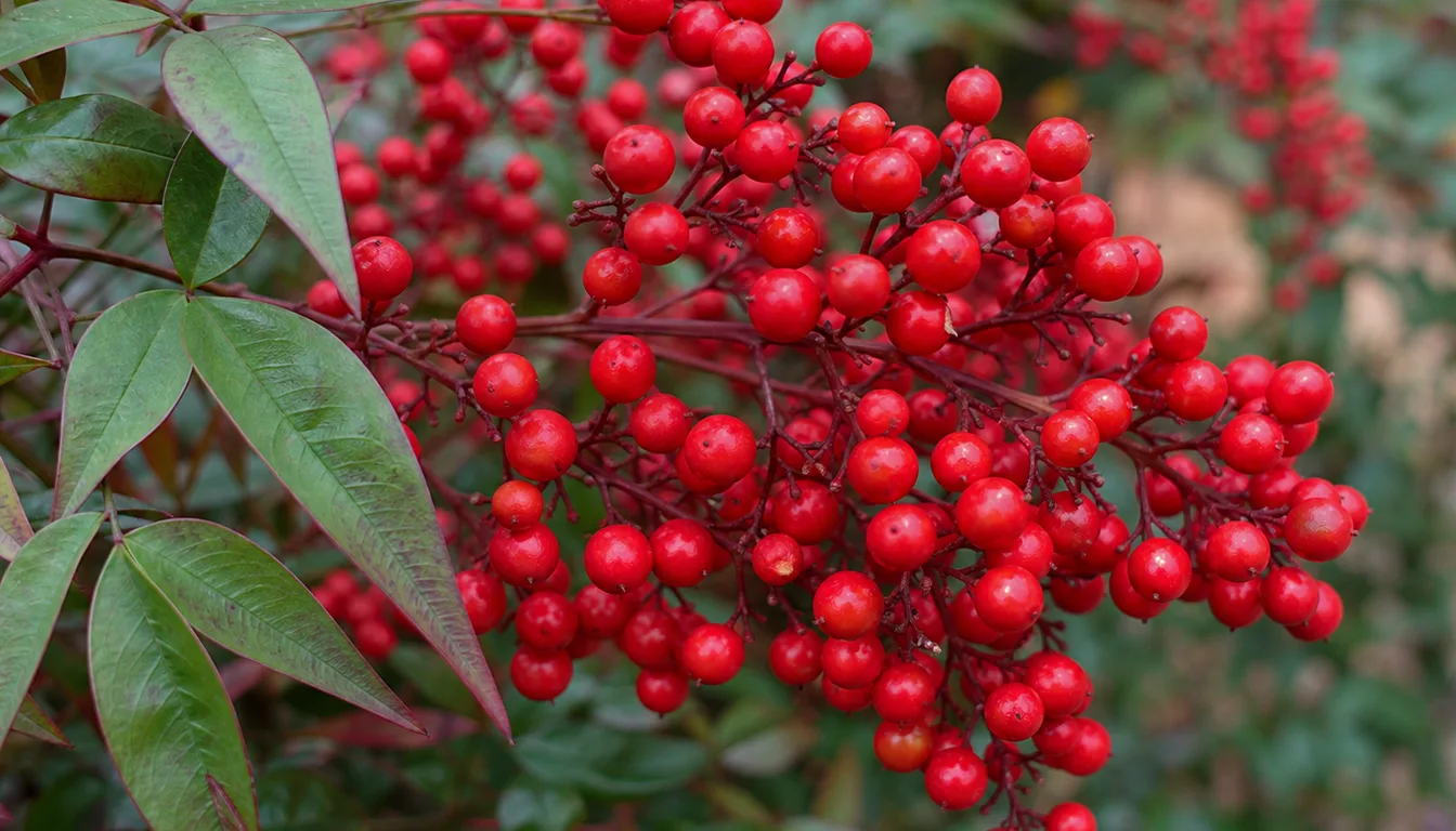 Close cluster of bright red Nandina berries on a cane against soft blurred foliage