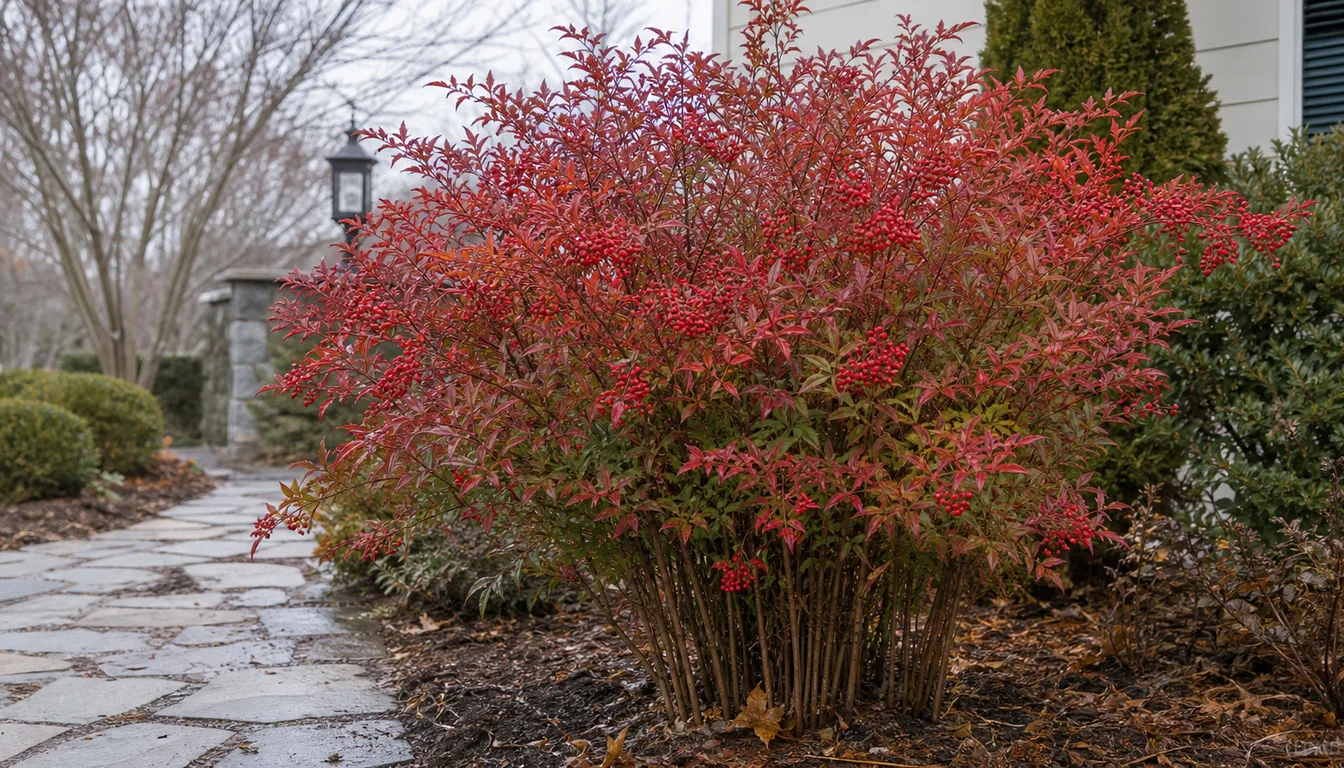 Mature Nandina shrub with red-tinted compound leaves and clusters of bright red berries beside a walkway