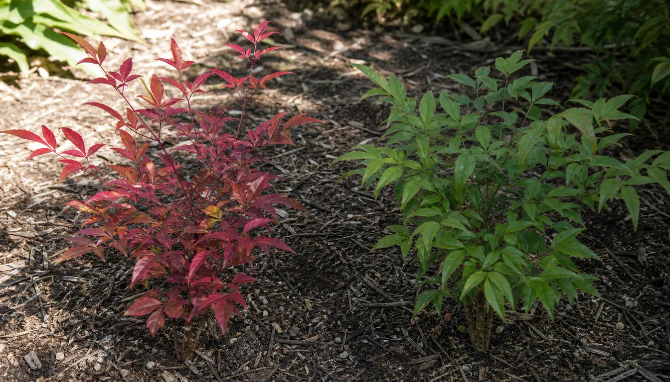 Two Nandina canes compared side by side, one deep red from full sun and one green from shade