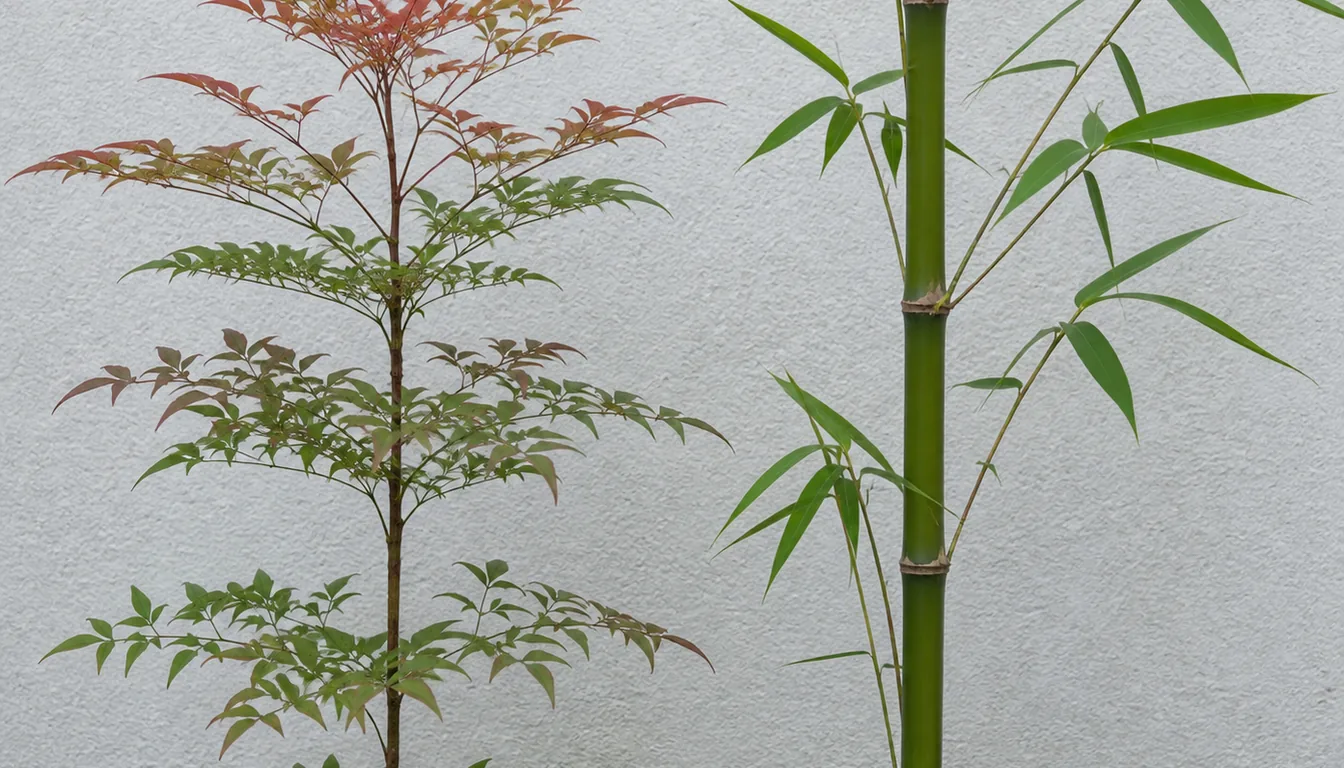 A nandina stem beside a true bamboo culm, the nandina carrying compound leaves of many small leaflets in horizontal tiers on a slender woody stem, the bamboo a jointed hollow green culm with long grass-like blades