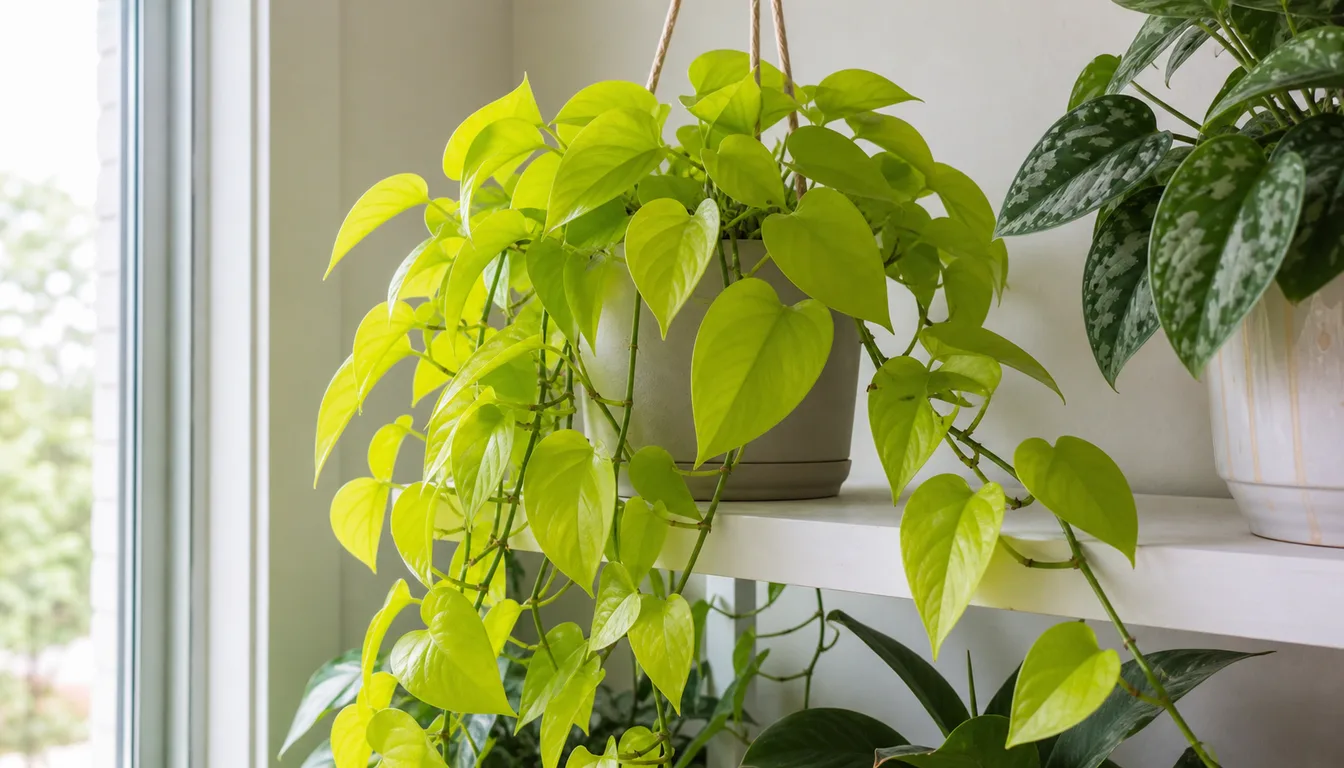 Neon pothos with bright chartreuse heart-shaped leaves trailing from an indoor pot