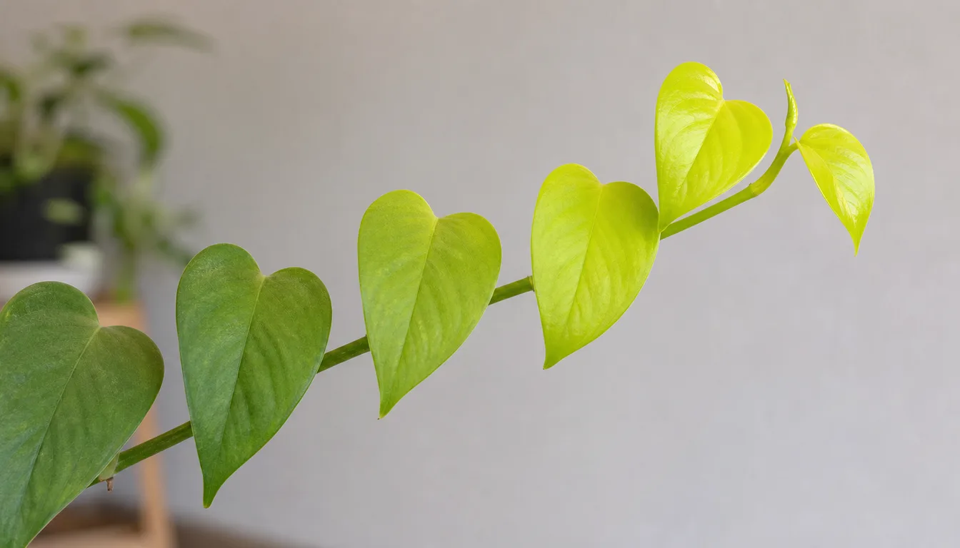 Neon pothos vine with bright chartreuse new growth at the tip fading toward duller green further back