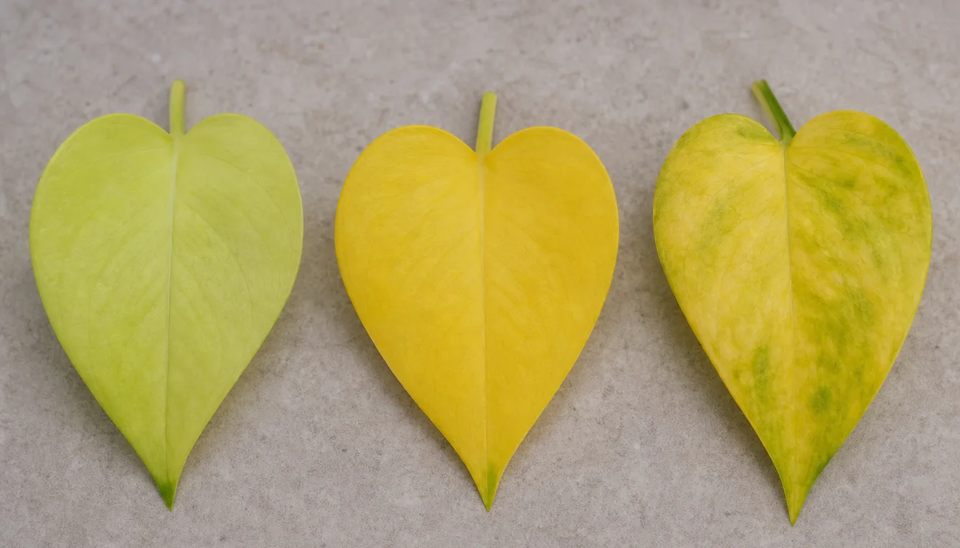 Three neon pothos leaves compared showing pale low-light color, normal lemon-yellow aging, and soft water-stressed yellowing