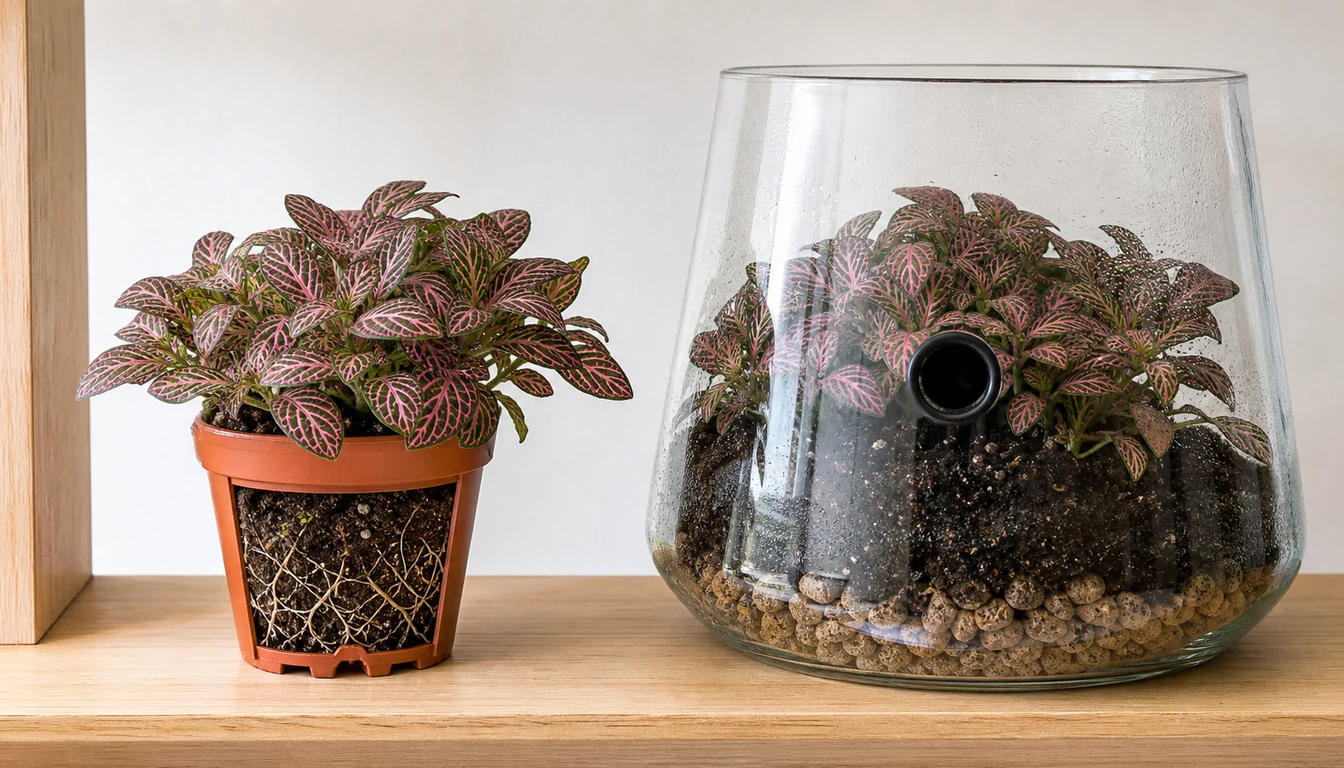 Healthy Fittonia in an open draining pot beside another plant in a ventilated glass terrarium