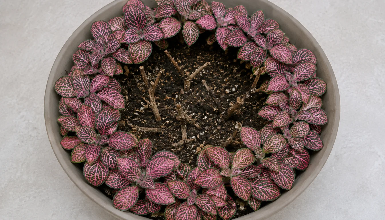 Nerve plant foliage around the pot rim with exposed mix and leafless stems in the center