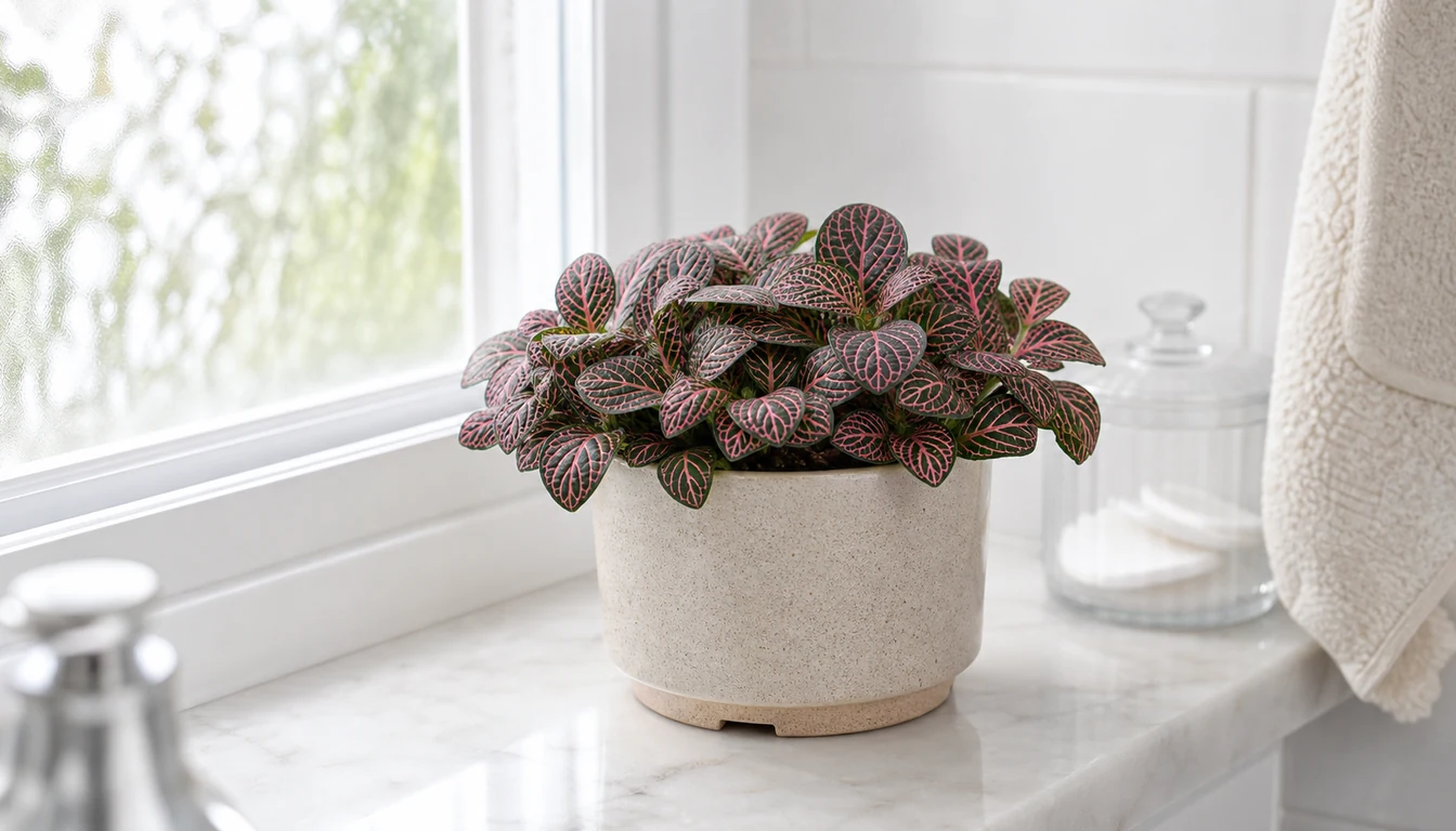Dense healthy nerve plant with crisp pink and white vein networks on a bright bathroom shelf