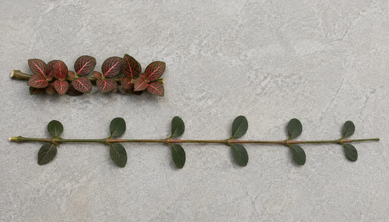 Two Fittonia stems with closely spaced leaves above and wide bare gaps between leaf pairs below