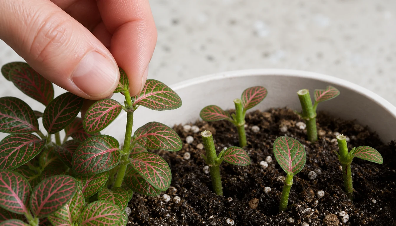 Fittonia stem pinched above a node beside several short cuttings rooting together
