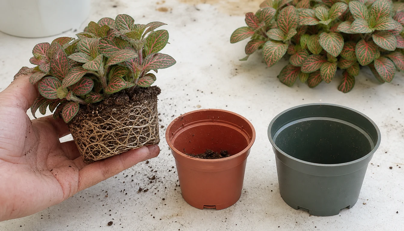 Compact Fittonia root ball held beside its shallow current pot and one slightly wider replacement pot