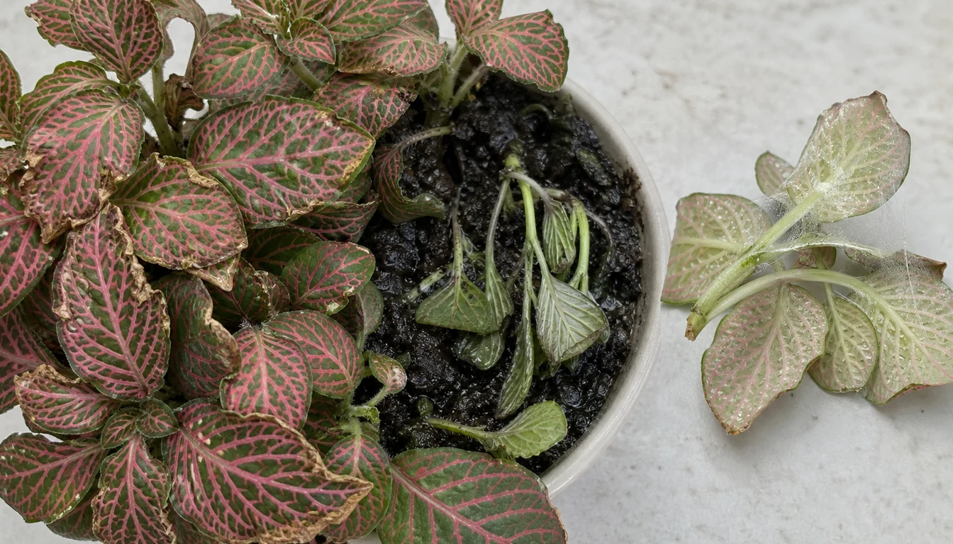 Fittonia leaves showing crisp edges, wet translucent tissue, and fine spider-mite stippling with webbing