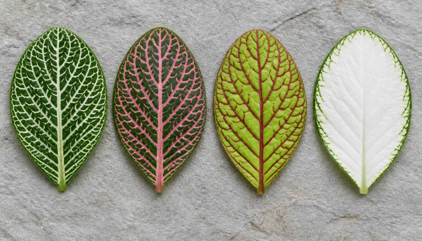 Four nerve plant leaves side by side on pale gray stone, one deep green under fine white veining, one deep green under vivid pink veining, one lime green crossed by dark red veins, and one almost entirely white with thin green veins