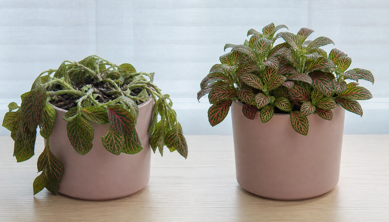 Same pink-veined nerve plant wilted before watering and upright several hours after correct rehydration