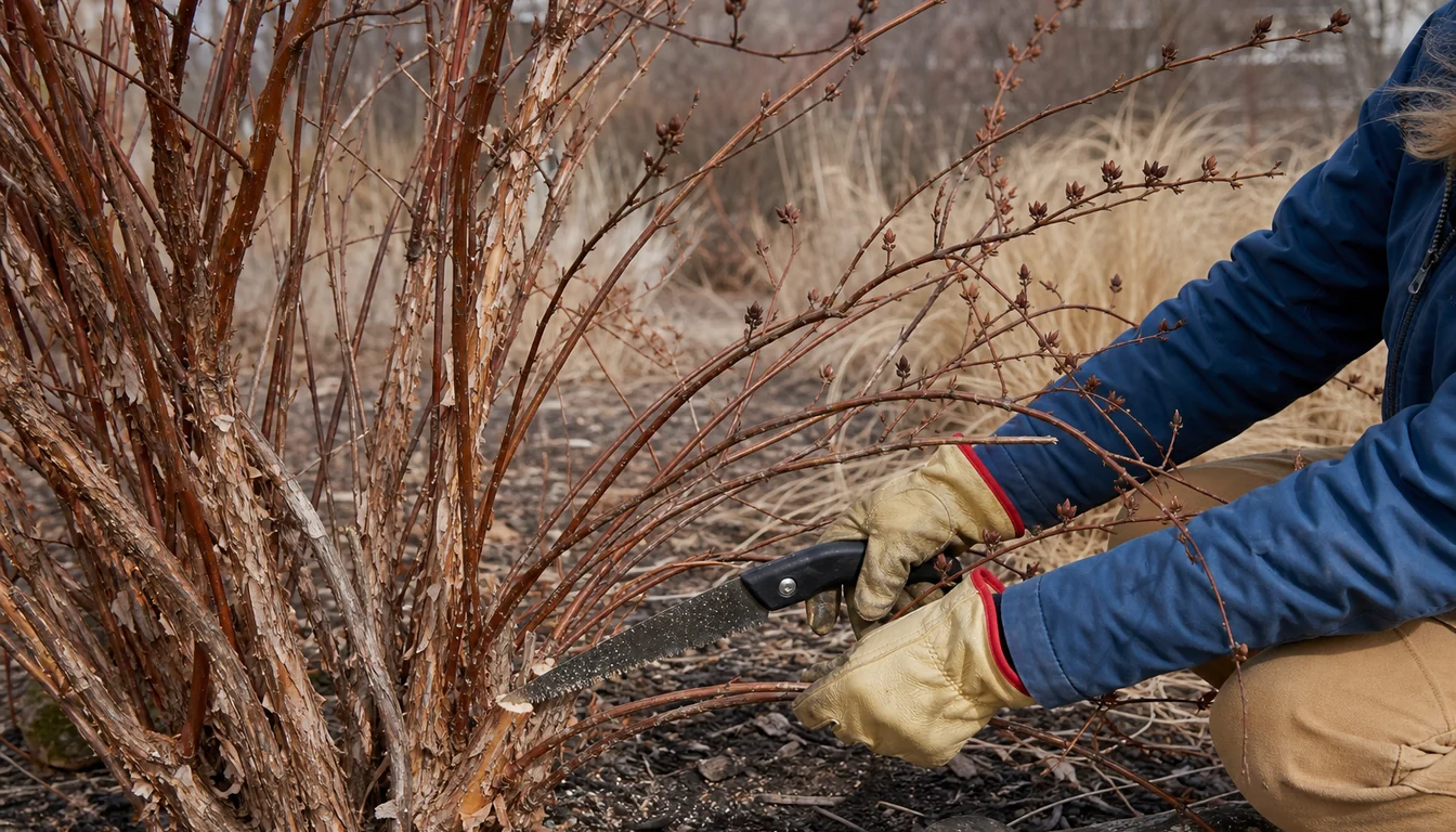 Gardener sawing one oldest peeling-bark ninebark cane at the crown while younger arching canes remain in late winter