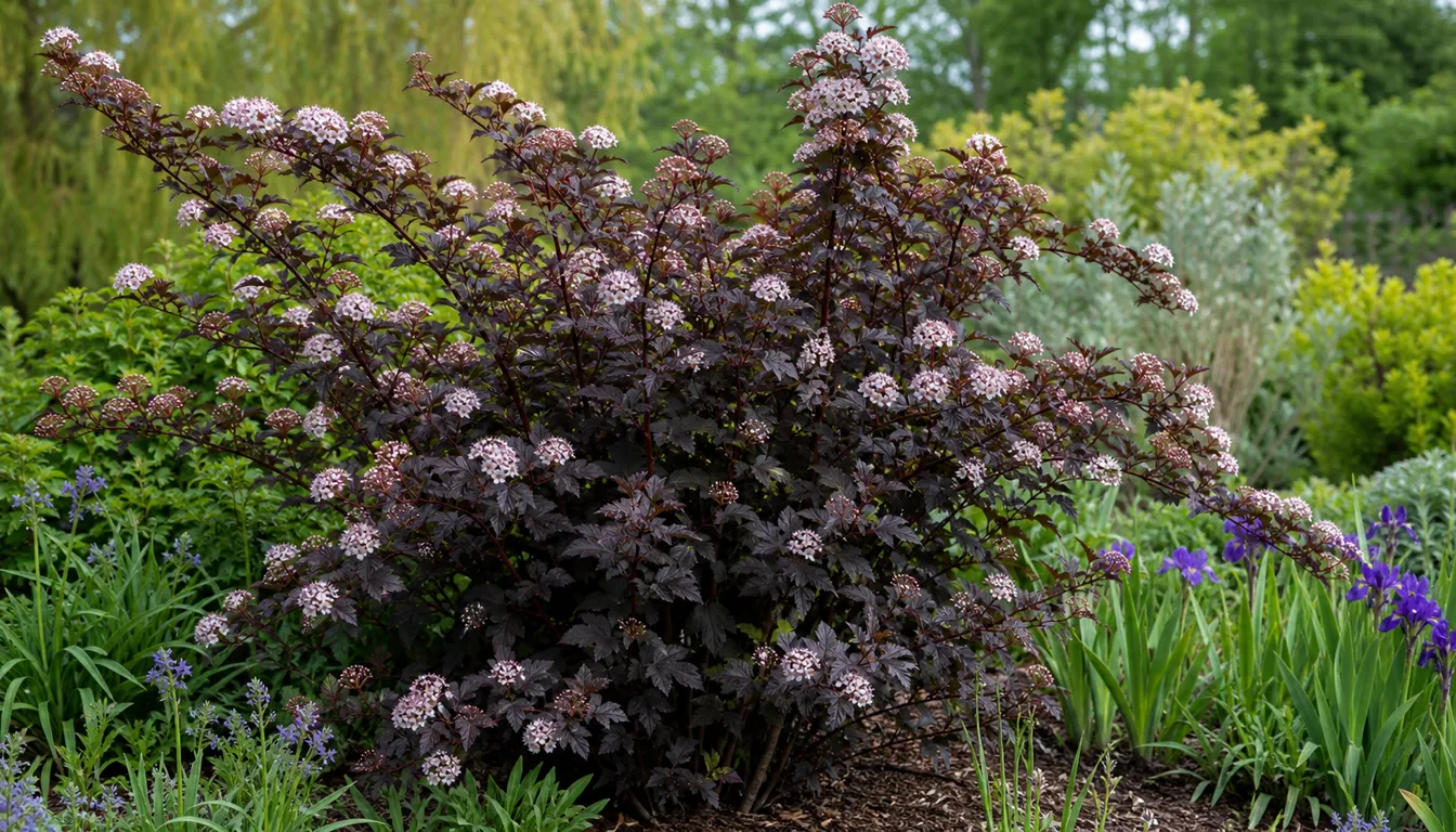Ninebark shrub with burgundy arching canes, colorful leaves, and clusters of pale spring flowers