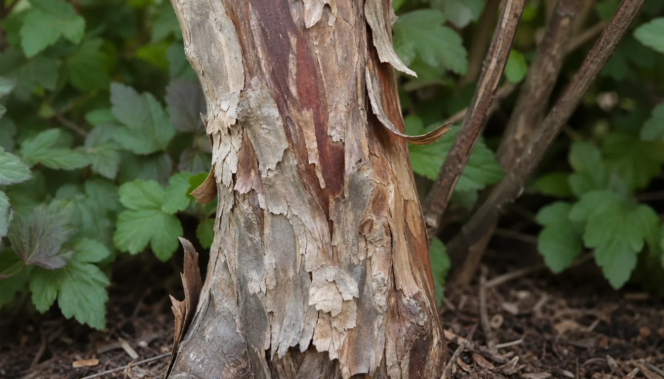 Close view of ninebark's peeling, multi-layered bark on a mature cane