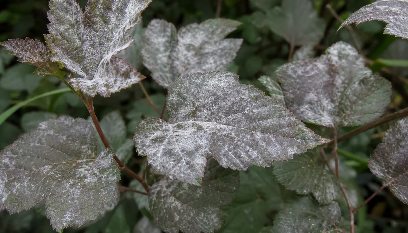 Ninebark leaves showing white powdery mildew film in a shaded, crowded section of the shrub