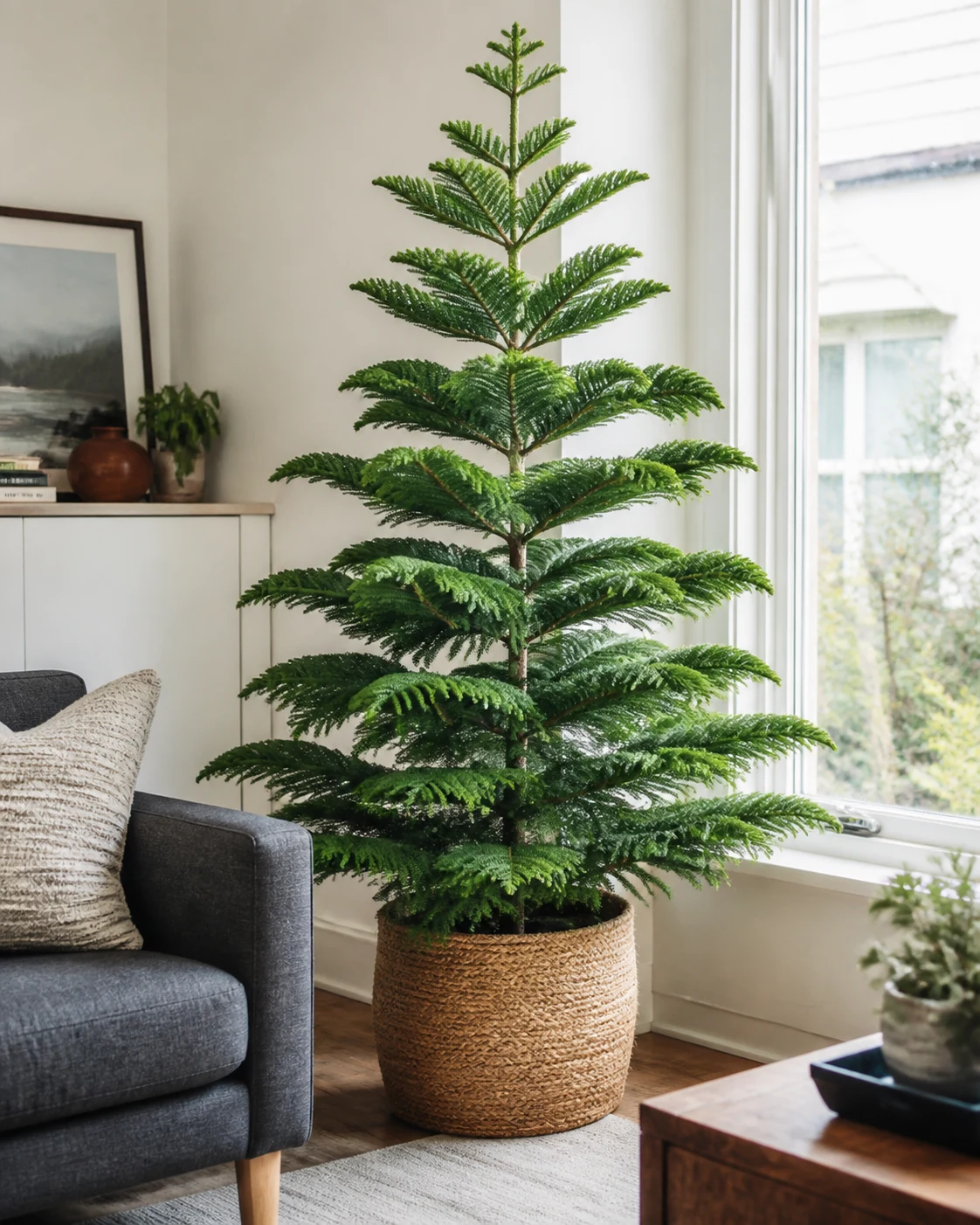 Norfolk Island Pine with soft, tiered, layered branches growing in a bright indoor room