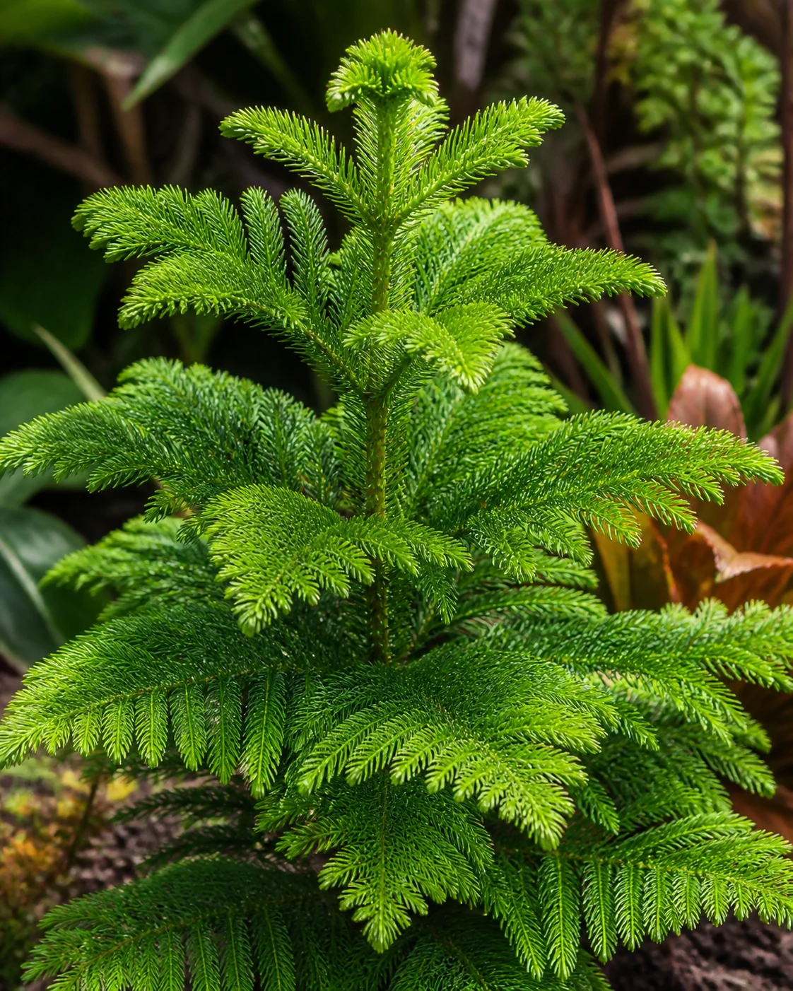 Close view of Norfolk Island Pine's soft, whorled branch tiers and needle-like leaves
