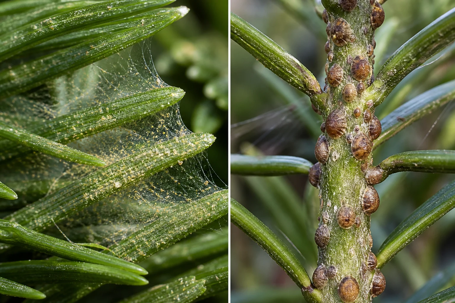 Close comparison of fine spider mite webbing and stippling on needles beside small brown scale insect bumps on a stem