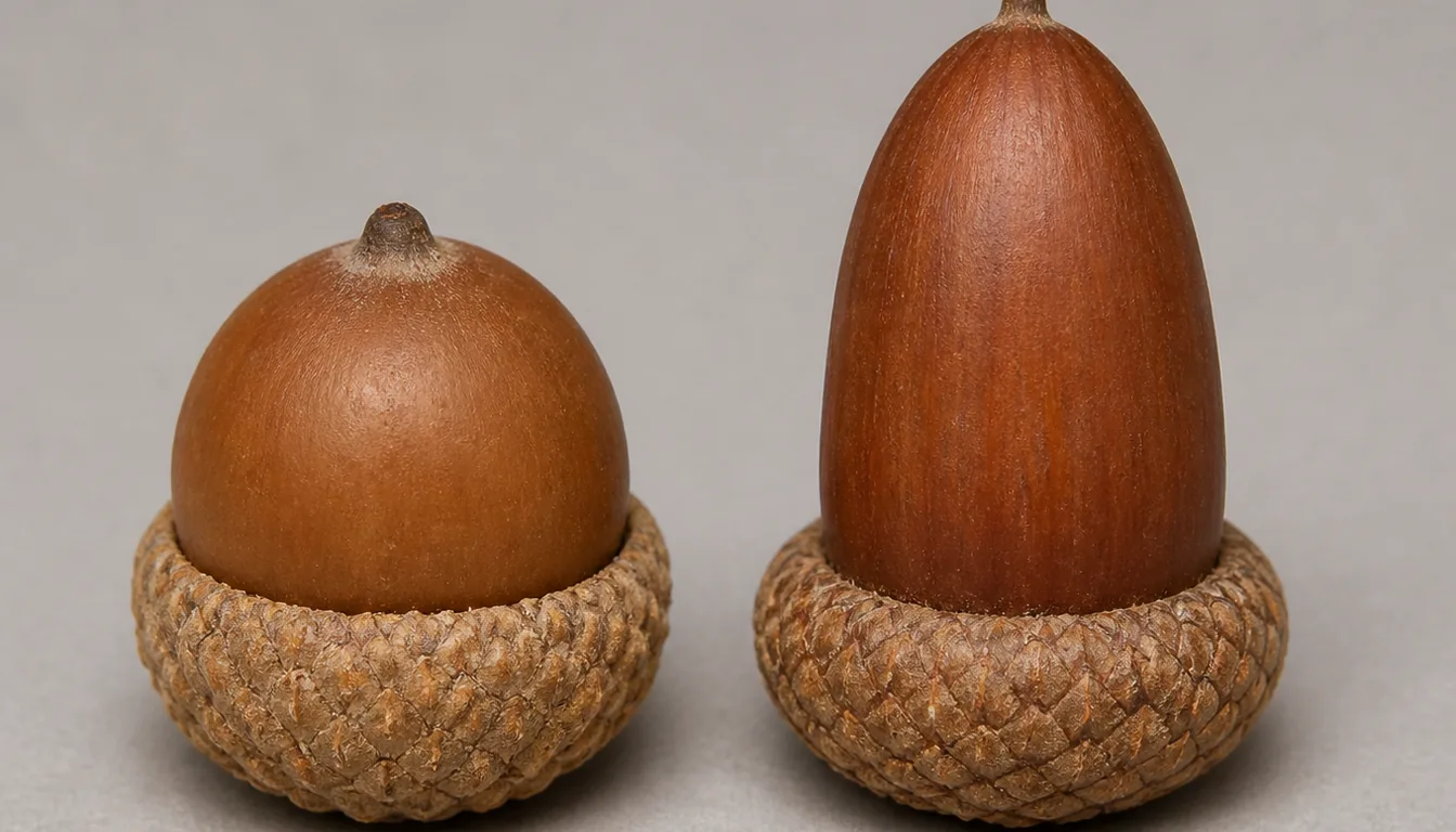 A short rounded white-oak acorn in a shallow warty cup beside a longer narrower red-oak acorn in a deeper cup
