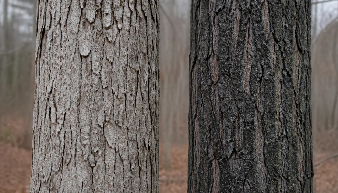 Pale ash-gray white-oak bark breaking into loose flaky plates beside darker ridged red-oak bark cut by narrow smooth stripes