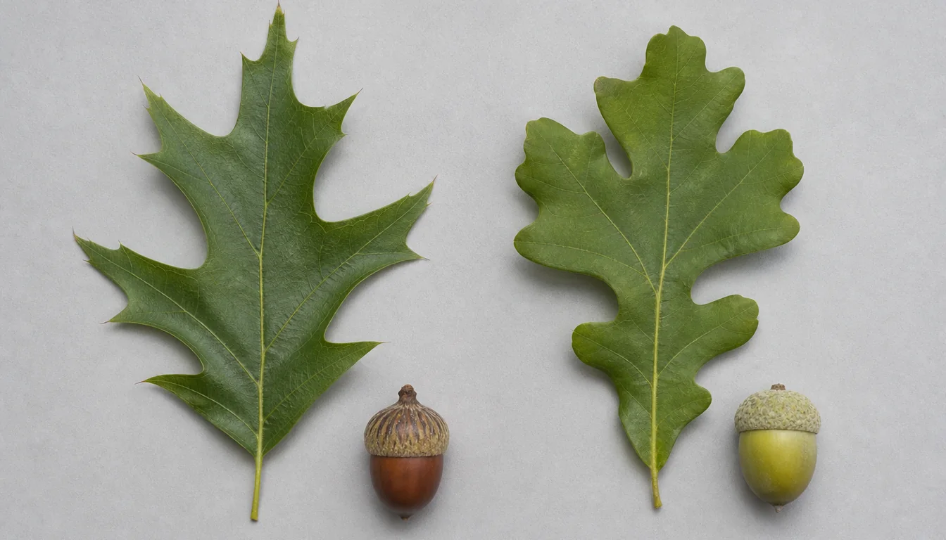 White oak leaf with rounded lobes beside a red oak leaf with pointed bristle-tipped lobes and their acorns