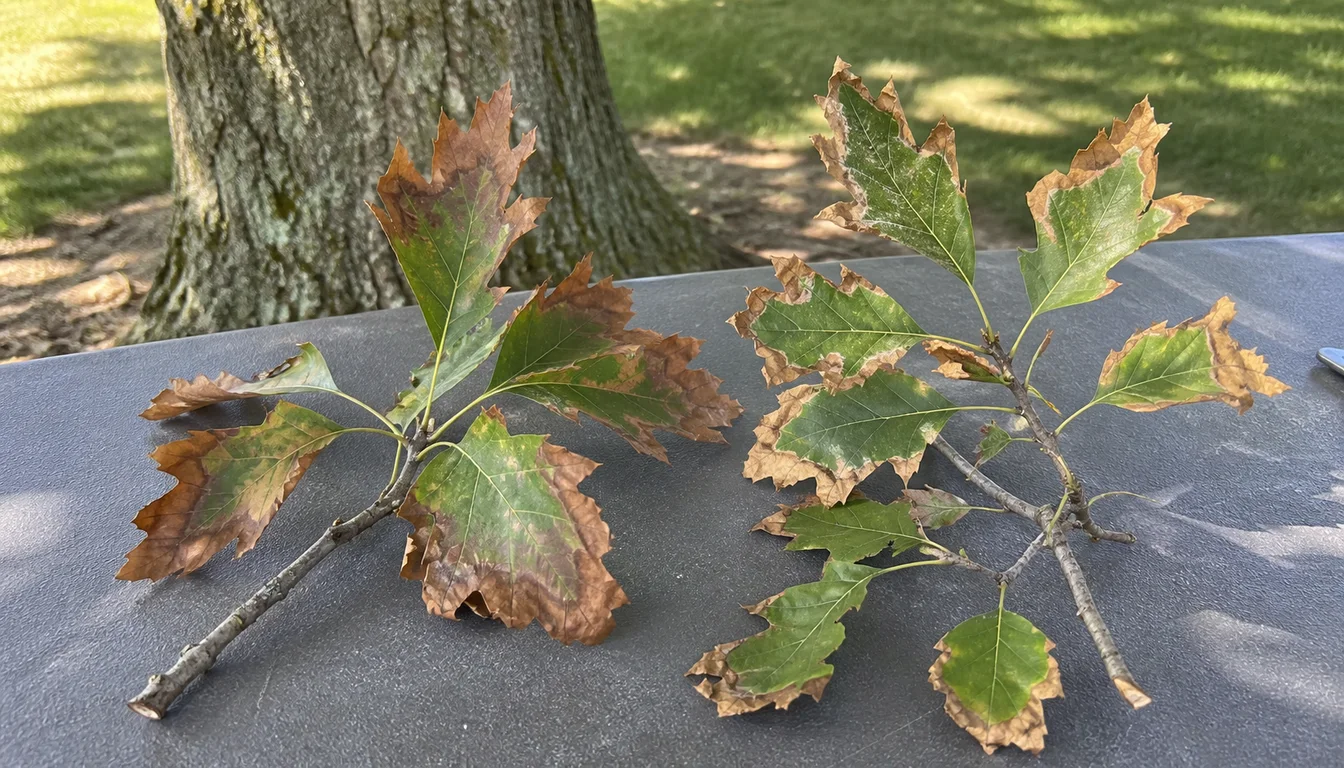 Two oak branch samples compared outdoors, one with broader bronzing and wilt and one with crisp brown leaf margins from scorch