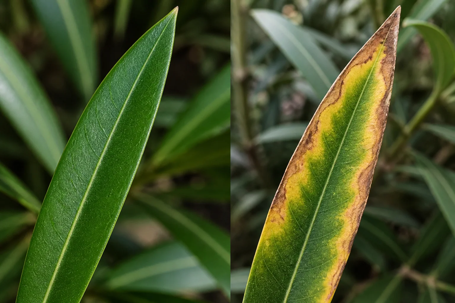 Side-by-side oleander leaf comparison showing a healthy glossy green leaf and a leaf scorch damaged leaf with browned, yellowing margins