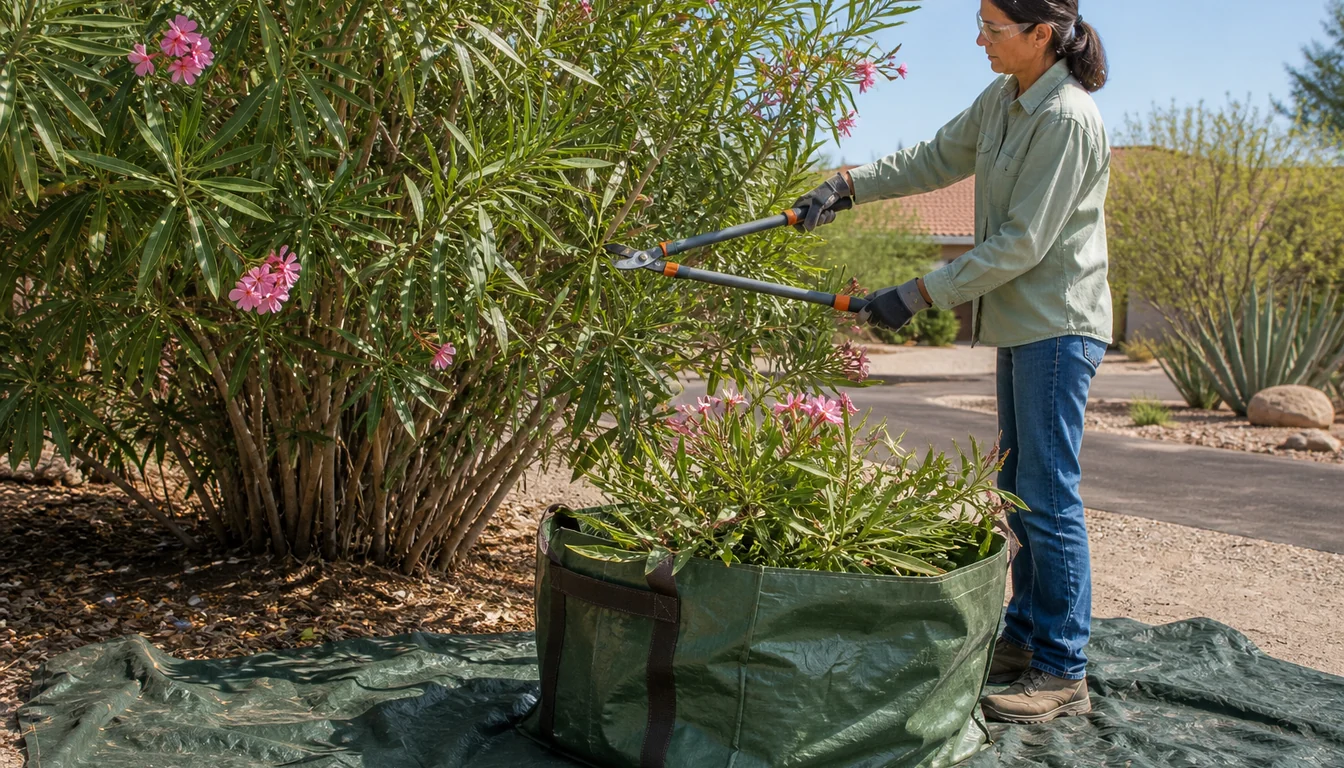 Gardener wearing gloves, long sleeves and protective glasses uses loppers beside a container of oleander cuttings on a tarp
