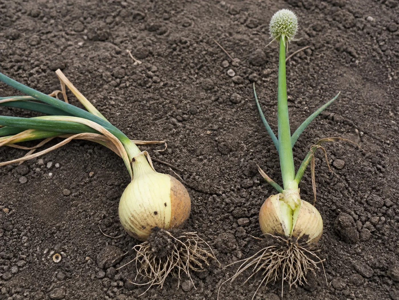 A healthy onion with a full bulb and thin dry neck beside a bolted plant with a stiff upright flower stalk and a smaller split bulb