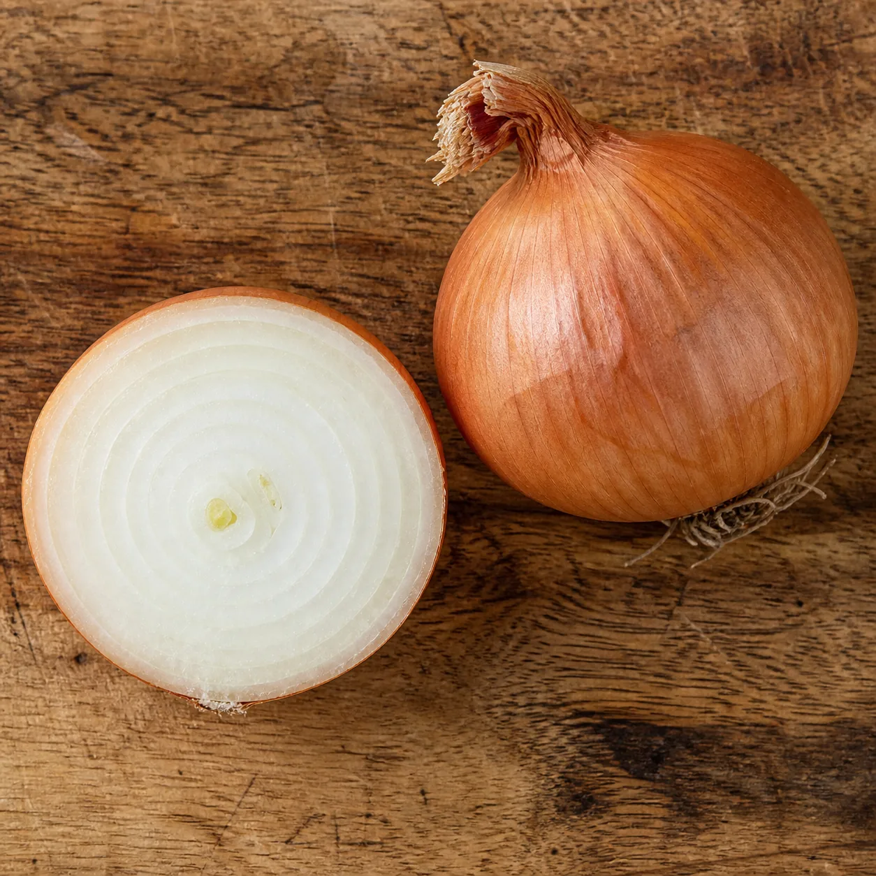 An onion bulb cut in half showing concentric rings from the outer skin to the center, beside a whole unpeeled bulb