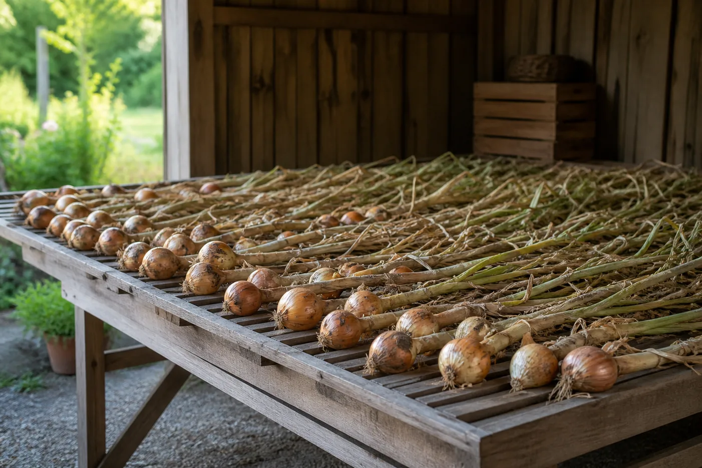 Harvested onions curing in a single layer on a slatted wooden rack in an airy shaded shed, tops attached and drying and skins tightening