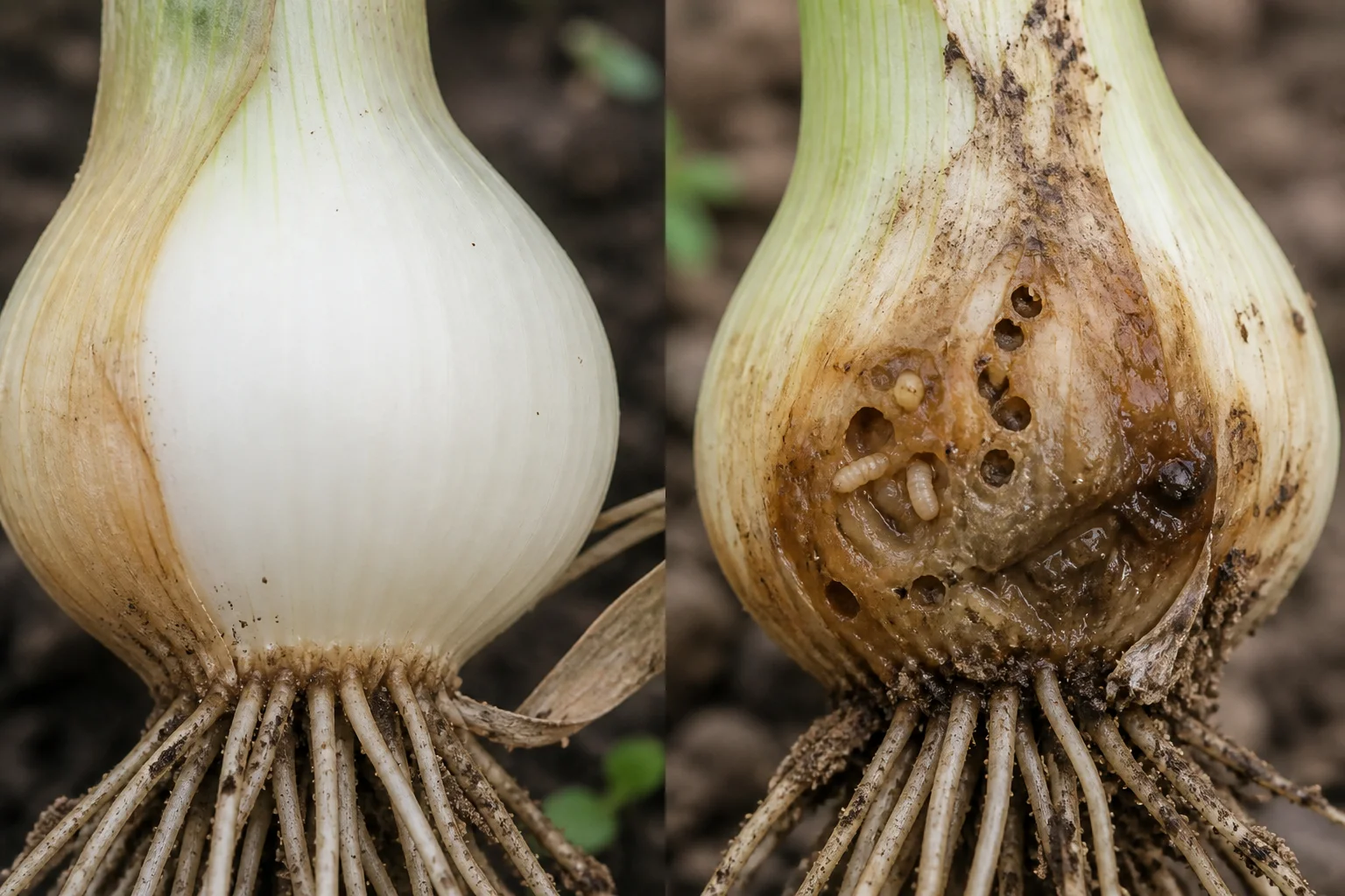 Side-by-side onion bulb base comparison showing a healthy firm base and a maggot-damaged, tunneled and rotting base